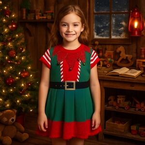 Girls Holiday Time Ugly Christmas Sweater Dress L 12-14 Red Green Elf Style